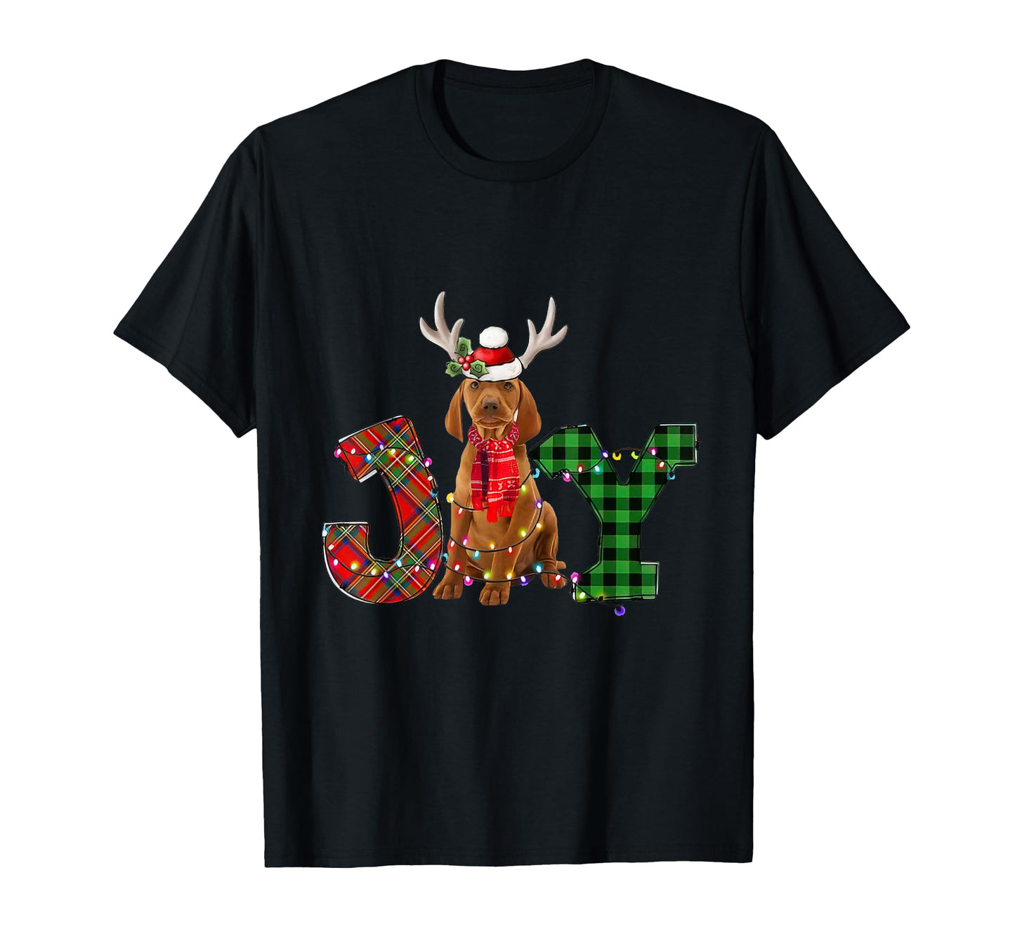 Joy Christmas Lights Vizsla Dog Santa Hat Pajama Men Women Kids T-Shirt