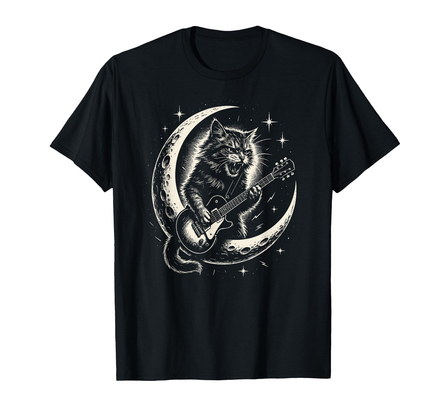 Rock Guitar Cat on Moon for Music Lovers and Feline Fans T-Shirt
