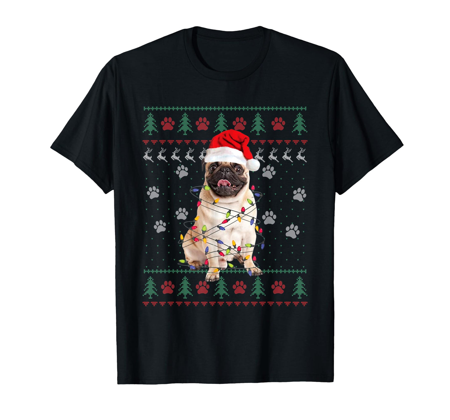 Pug Dog Ugly Christmas Sweater Santa Hat Animal Xmas Pajama T-Shirt