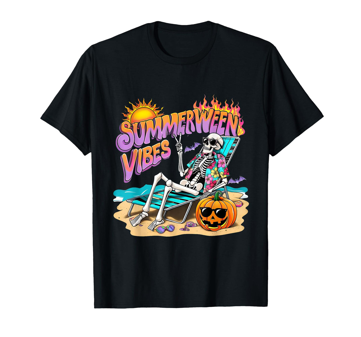 Summerween Vibes Skeleton Pumpkin Spooky Vacation T-Shirt