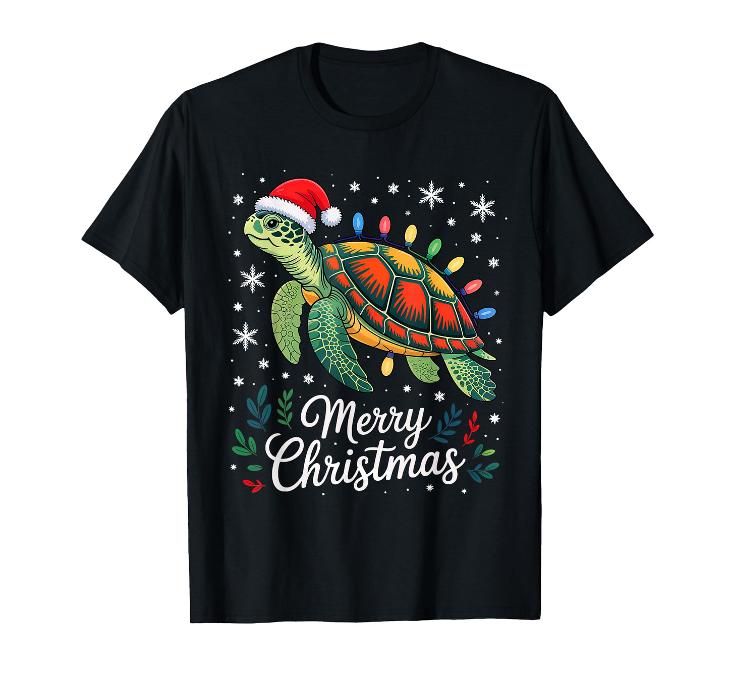 Turtle Santa Hat Merry Christmas Lights Xmas Holiday Costume T-Shirt