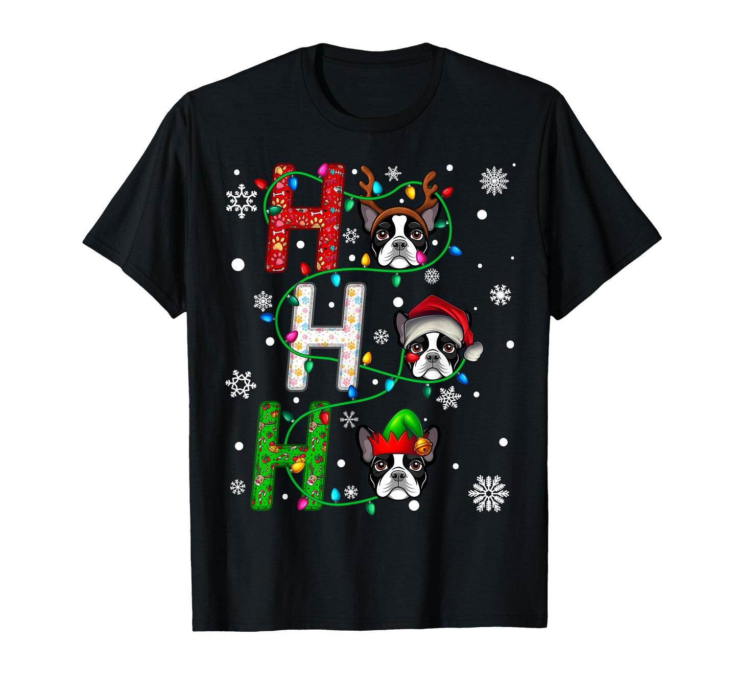 Santa Hat Ho Ho Ho Family Christmas Boston Terrier Dog Xmas T-Shirt