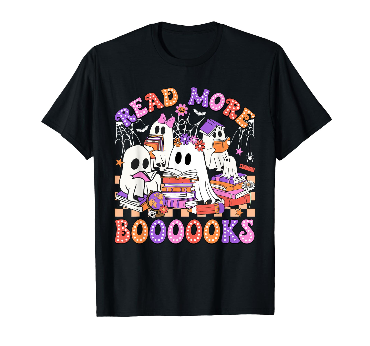 Retro Teacher Halloween Ghost Boo Read More Books Women Kids T-Shirt