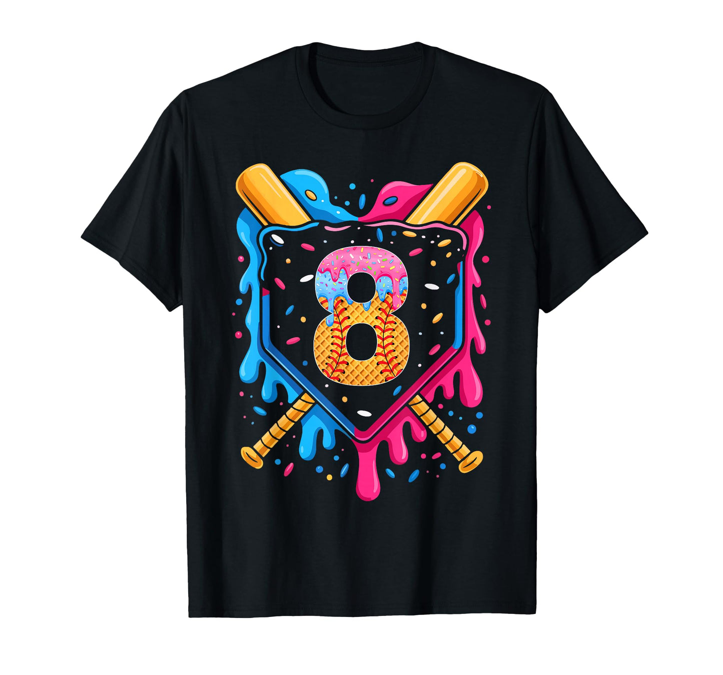 Baseball 8 Year Old 8th Birthday Ice Cream Baseball Drip T-Shirt