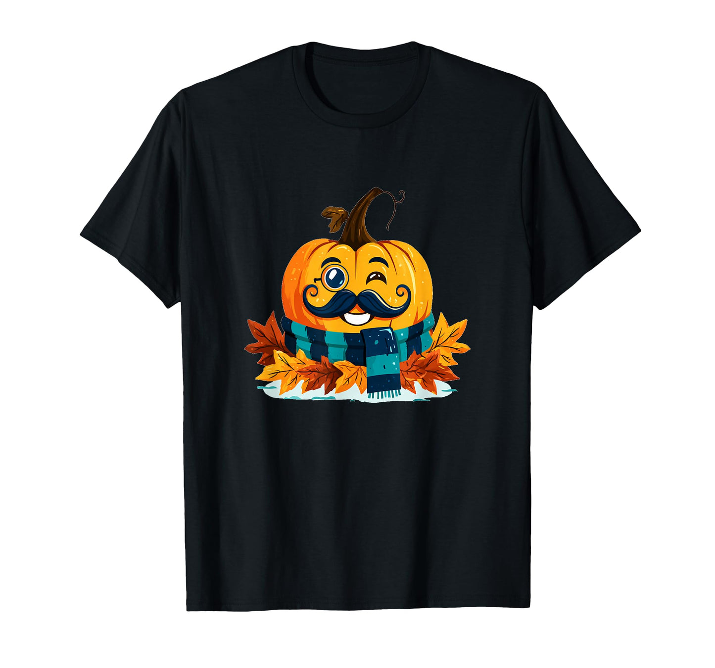 Funny Fall Pumpkin with Beard and Autumn Leaves T-Shirt