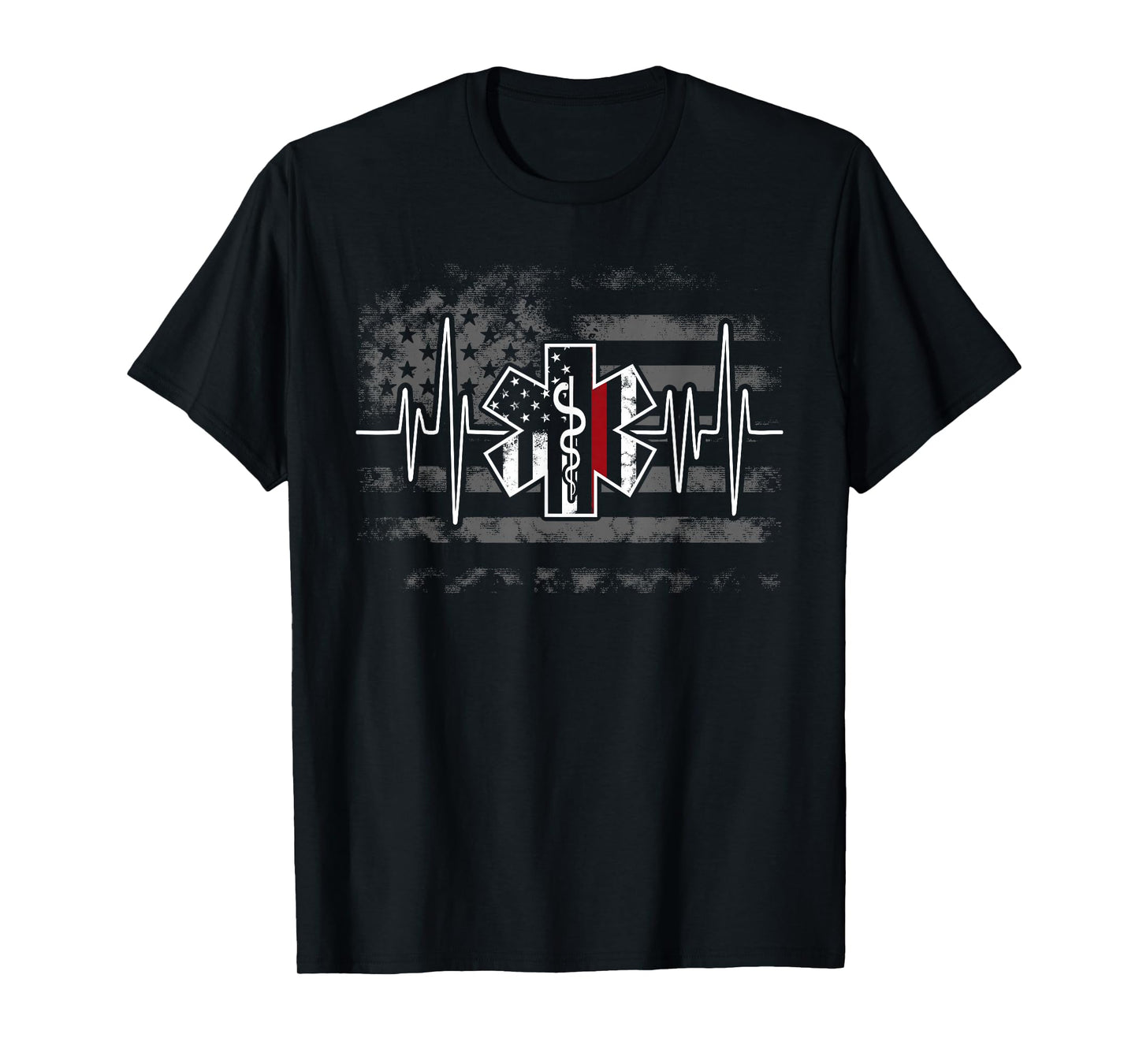 Firefighter EMS Heartbeat EKG Pulse Fireman American Flag T-Shirt