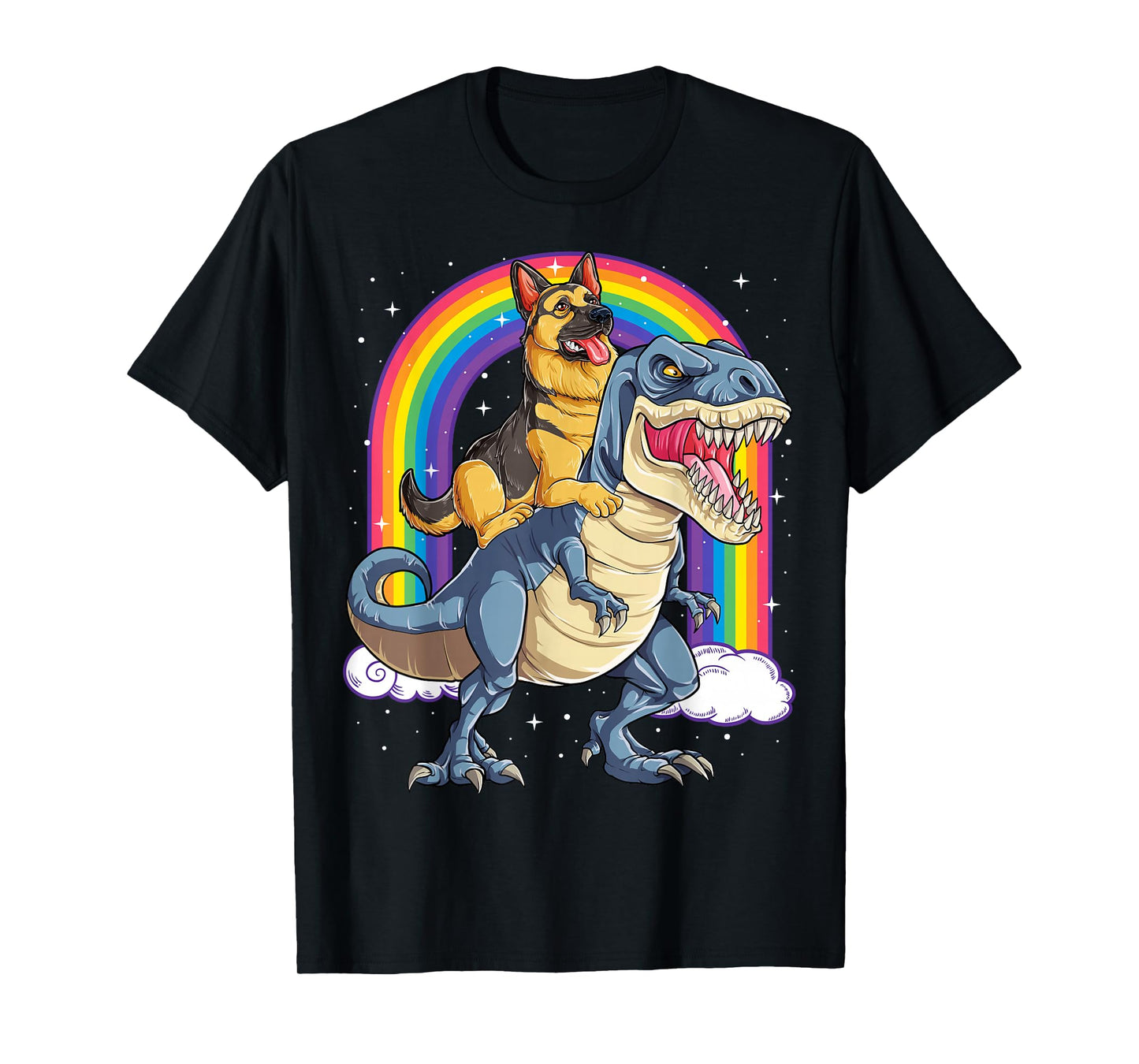 German Shepherd Riding Dinosaur T-rex Gift Boys Kids Rainbow T-Shirt