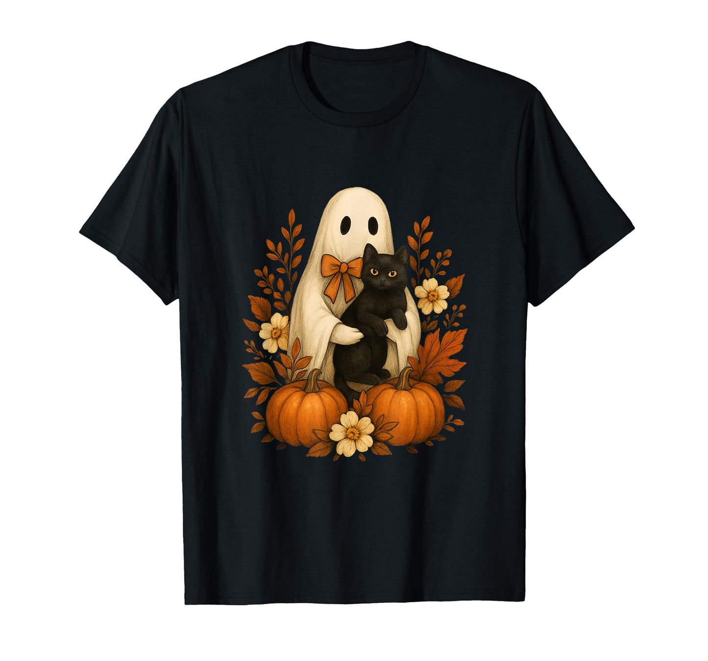 Cute Ghost Holding Black Cat Pumpkins Autumn Halloween T-Shirt