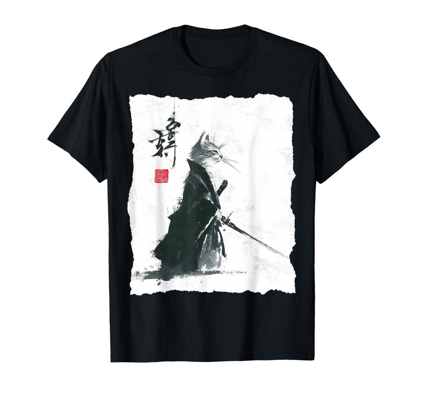 Samurai Cat Ink Art Japanese Style Ukiyo-e Warrior Katana T-Shirt