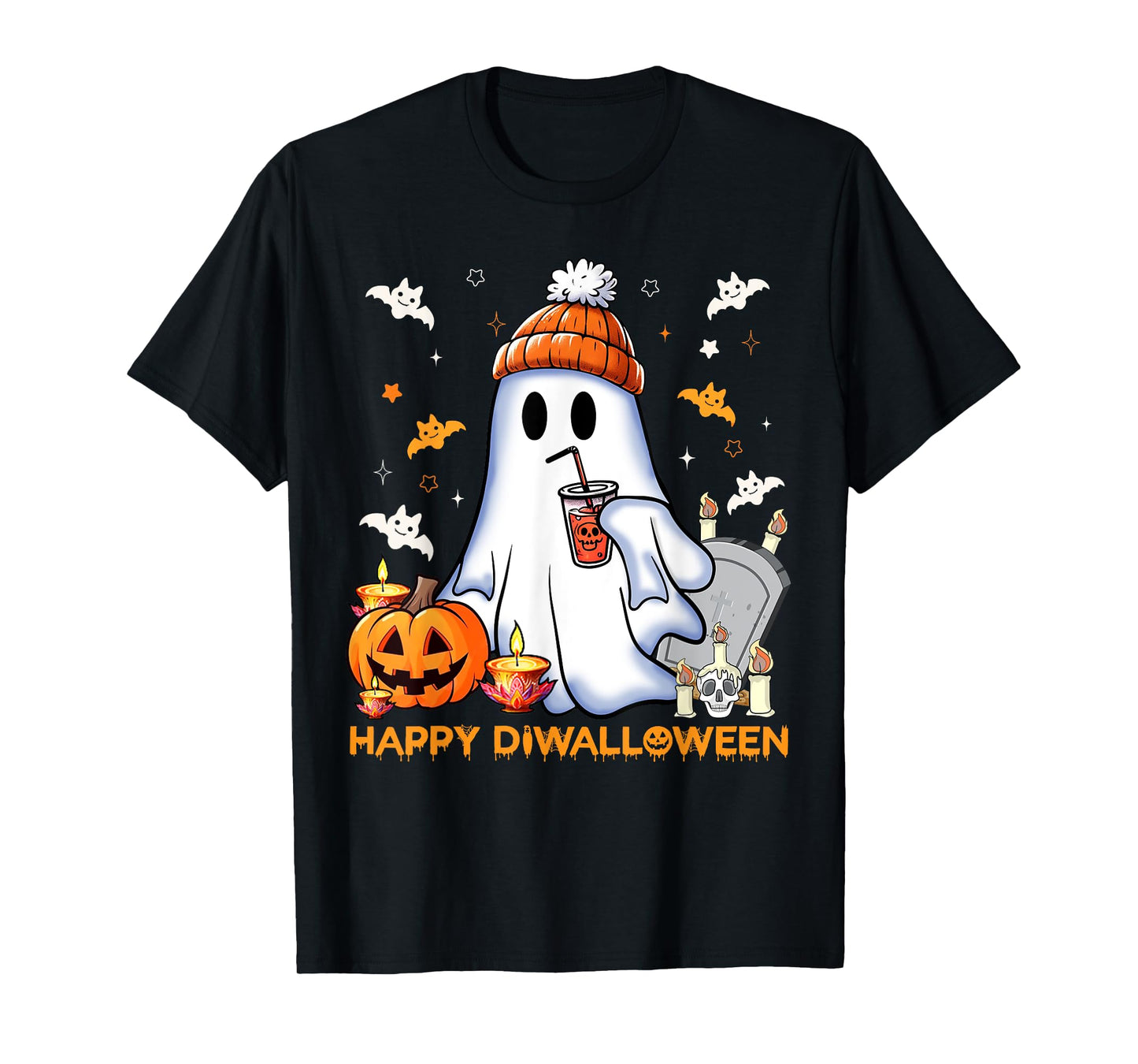 Happy Diwalloween Diwali Halloween Costume Unisex Adult T-Shirt Black Small Short Sleeve Modern Mandarin Collar Cartoon Applique Diwali Halloween Fusion T-Shirt