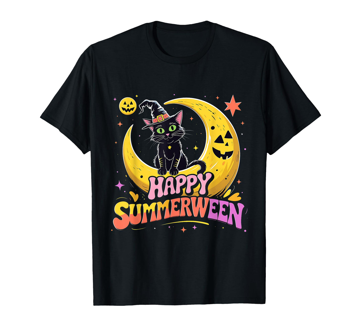 Happy Summerween Black Cat Halloween Beach Vibes T-Shirt