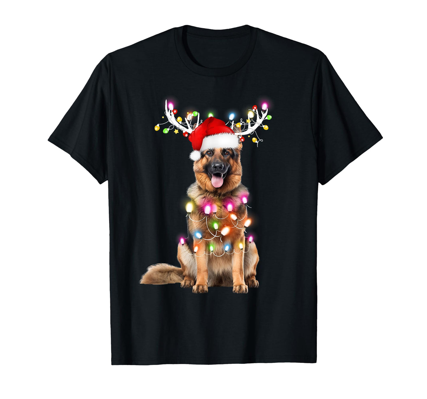 German shepherd Santa Christmas Tree Lights Xmas Boys Kids T-Shirt