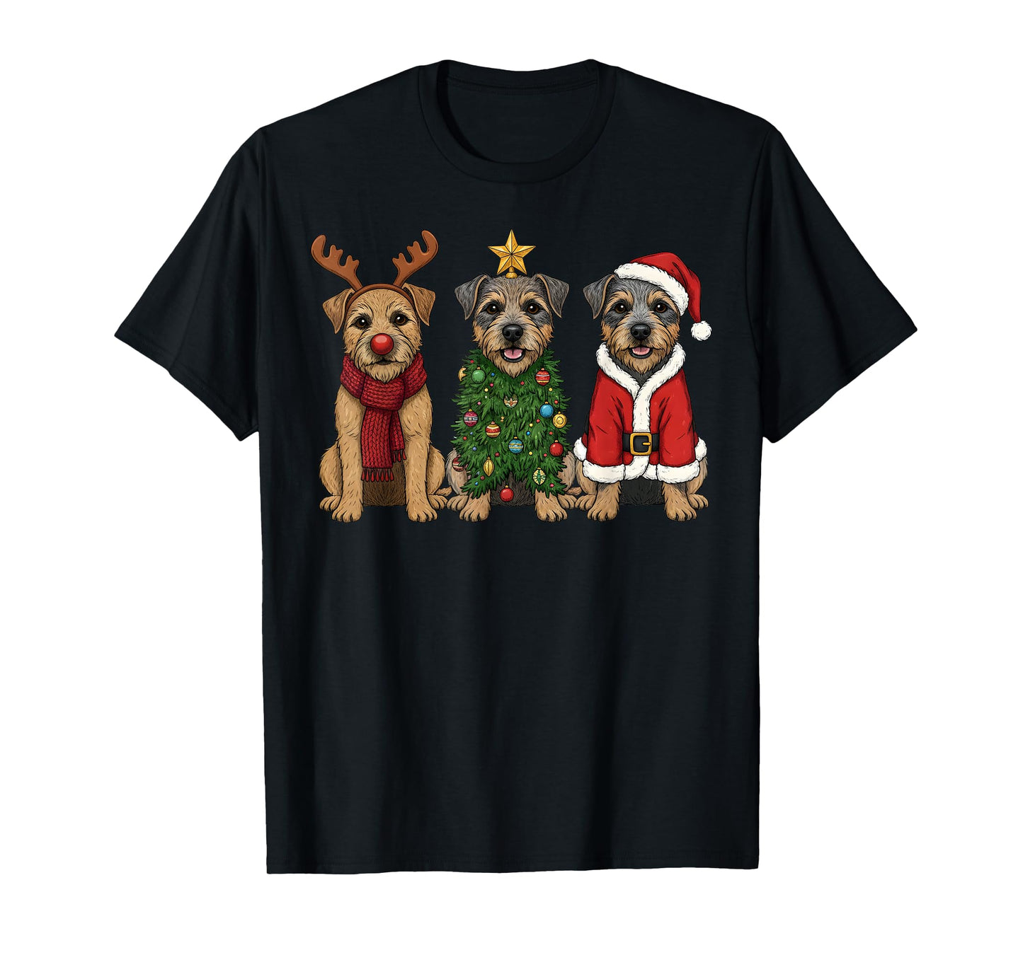 Retro Christmas Border Terrier Santa Reindeer Dog Lover T-Shirt