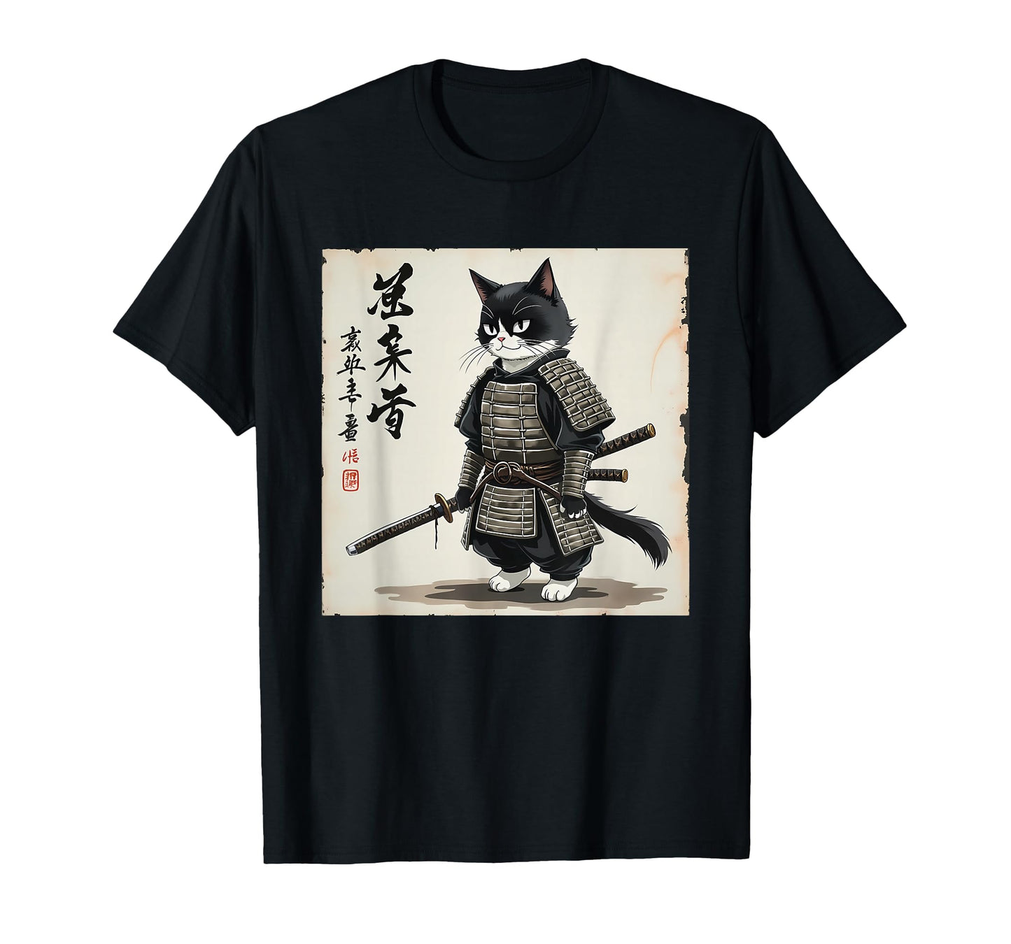 Samurai cat Graphic Warrior Art tee Japanese Anime Men Women T-Shirt