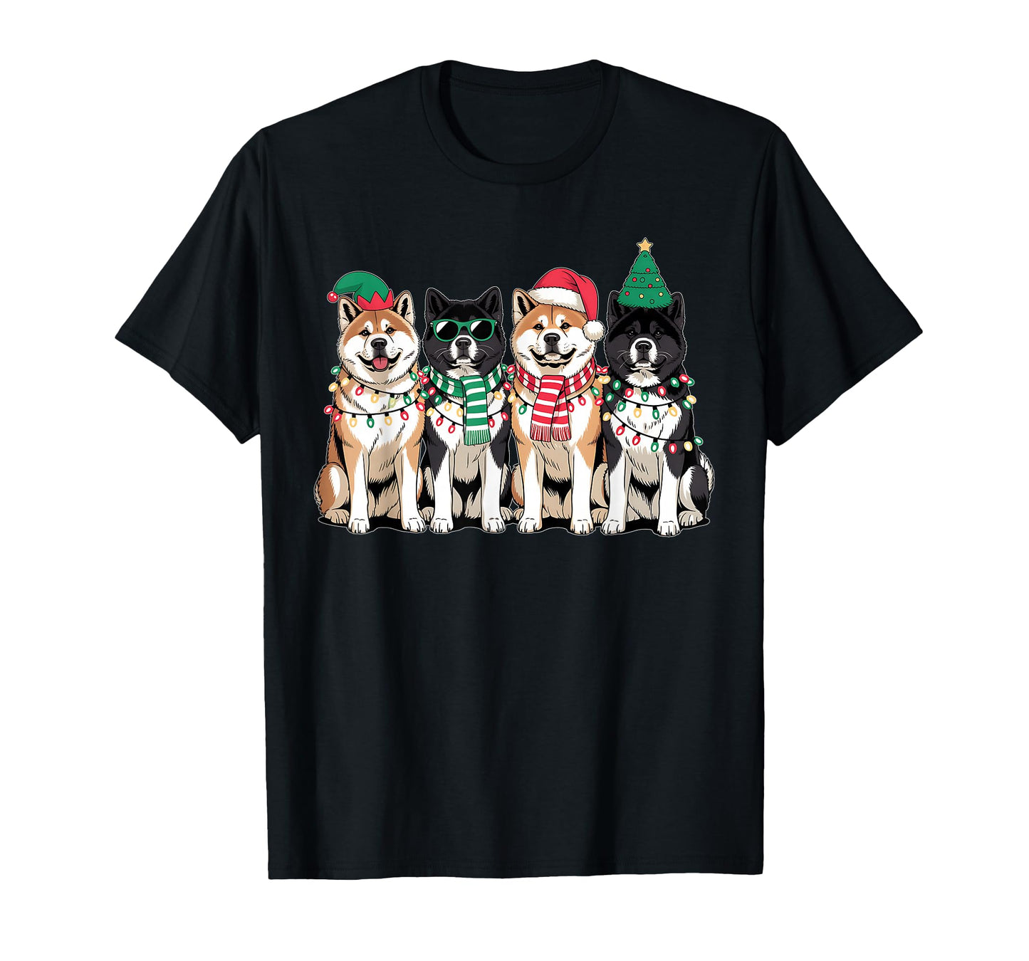 Four Akitas Dogs Christmas Funny Santa Reindeer Xmas T-Shirt
