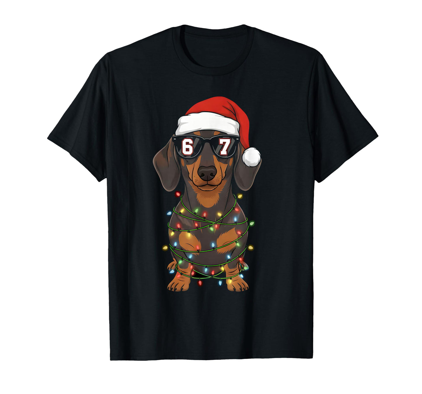 67 Dachshund Christmas Lights Santa Hat Xmas Dog Loves T-Shirt