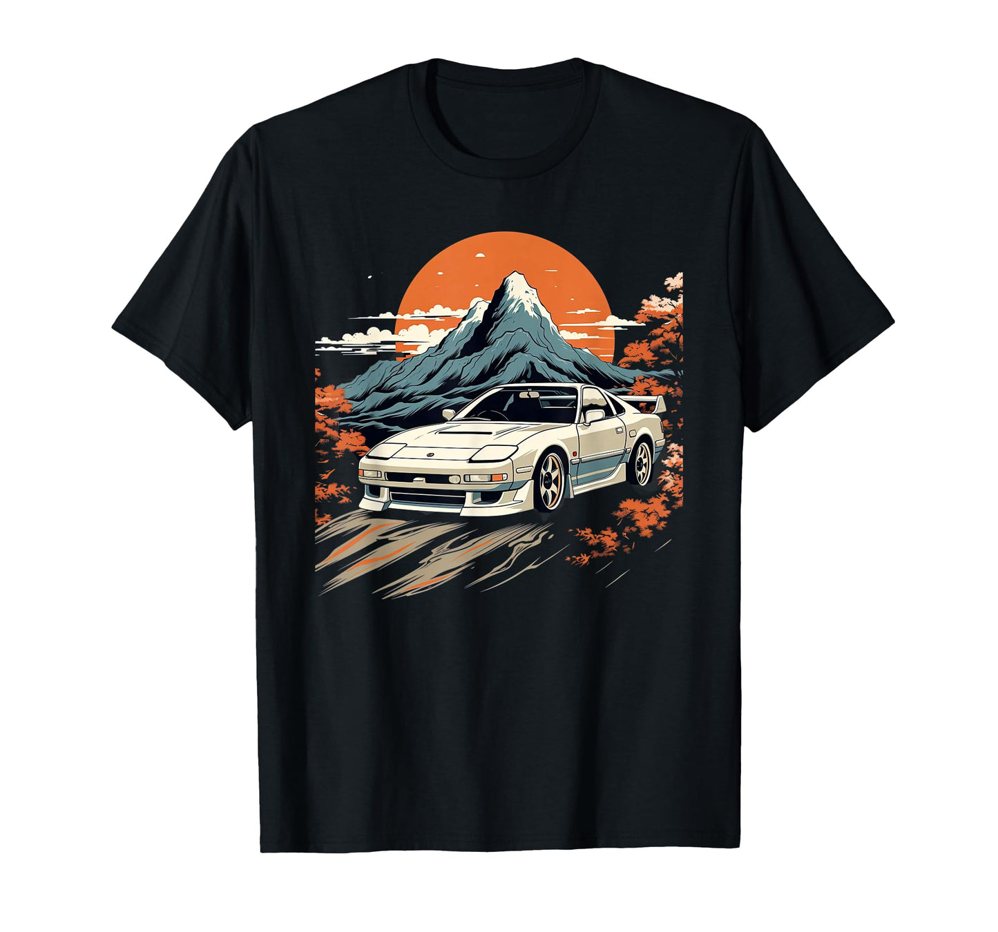 Retro Japanese Drift Car Racing Mount Fuji Sunset Scene T-Shirt