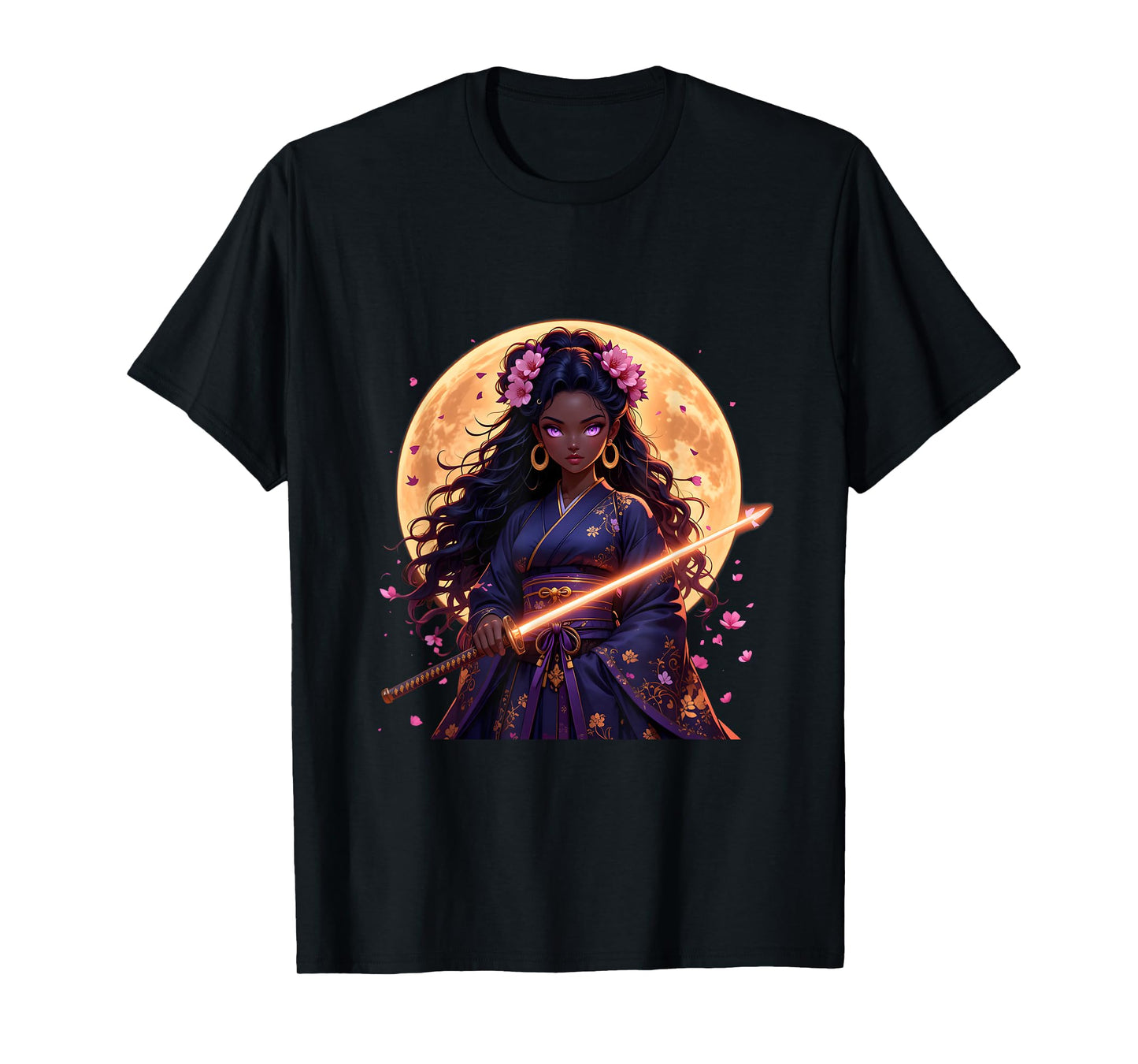 Black Woman Japanese Anime Samurai Girl Black Cat Women T-Shirt