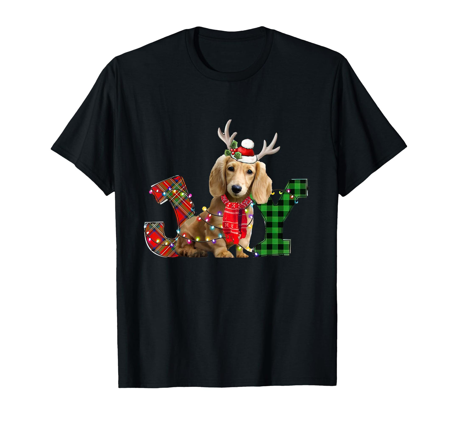 Joy Christmas Lights Long Haired Dachshund Dog Santa Hat T-Shirt