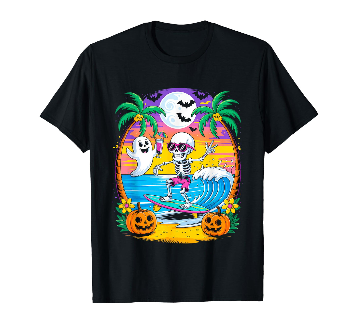 Beach Funny Halloween Vibes Summerween Skeleton Ghost T-Shirt