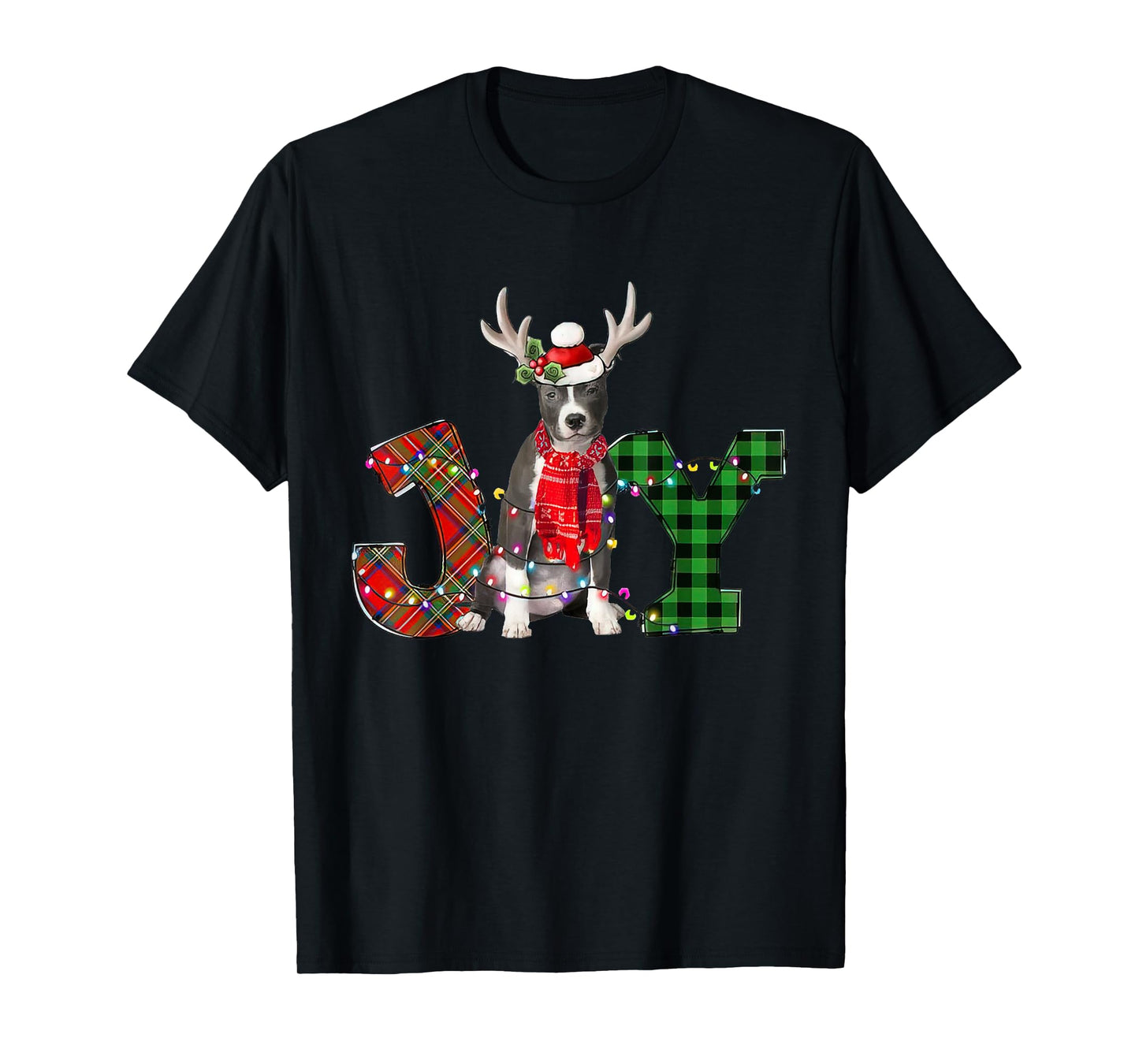 Joy Christmas Lights Blue Nose Pitbull Dog Santa Hat Pajama Men Women Kids T-Shirt