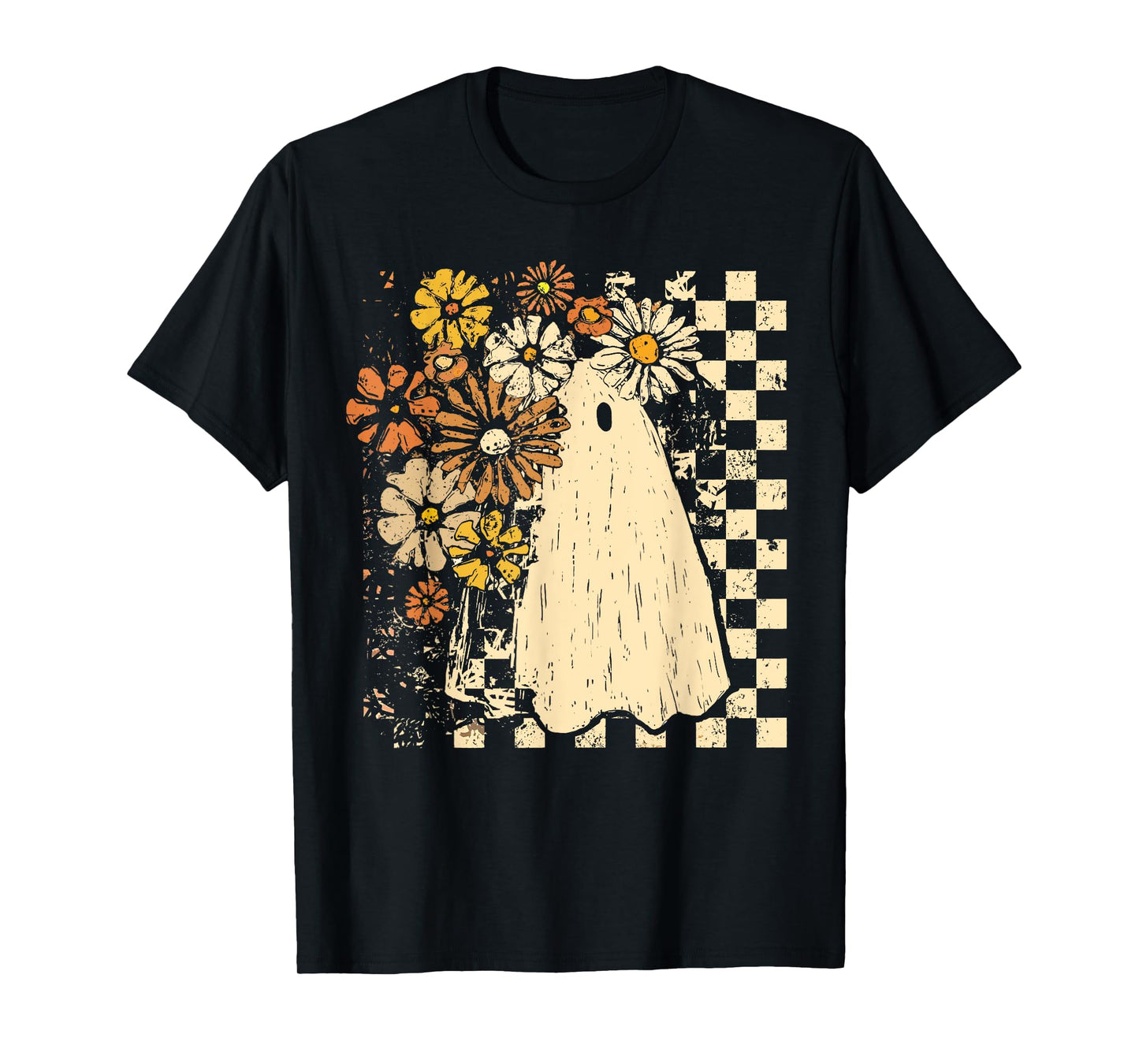 Checkered Floral Ghost Halloween Boys Girl Halloween Costume T-Shirt