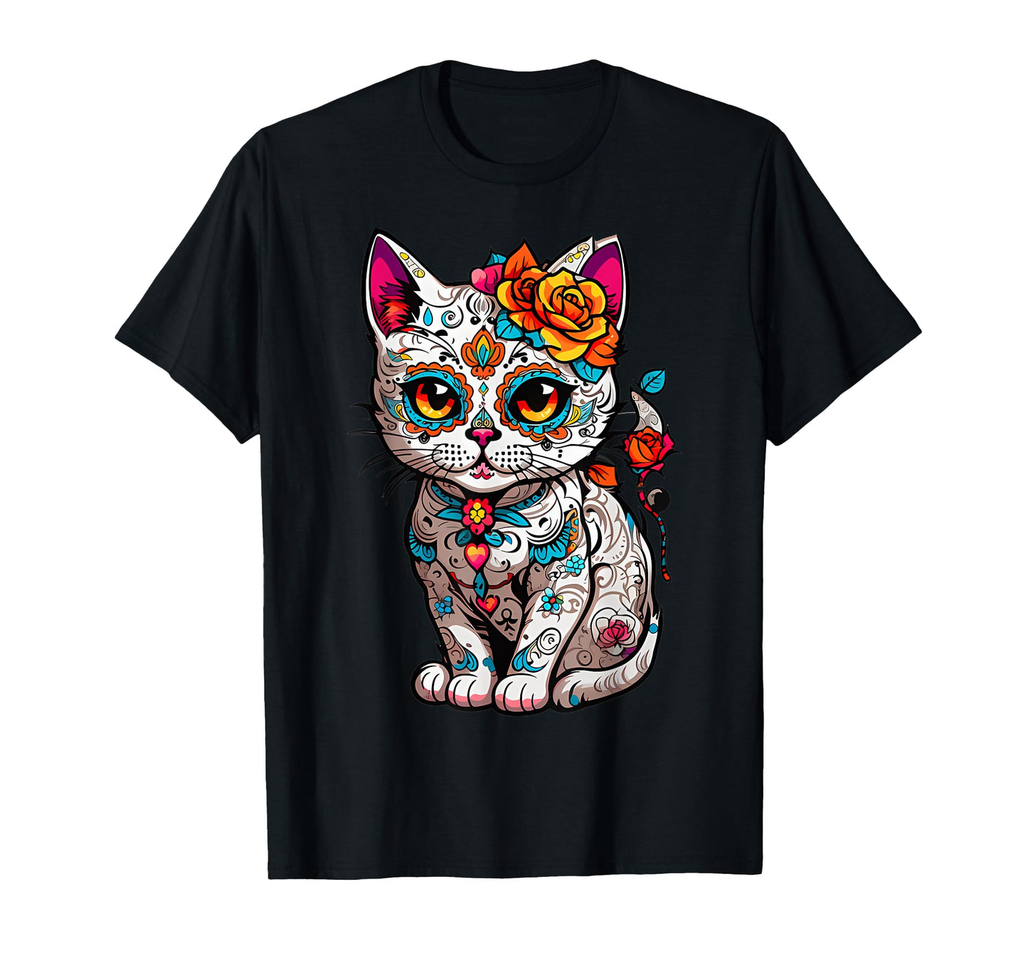 Sugar Skull Cat Floral Dia De Los Muertos Mexican T-Shirt