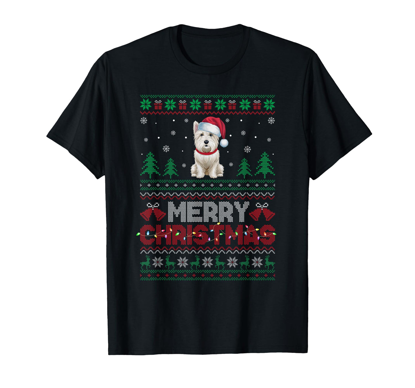 Westie Dog Lovers Santa Hat Christmas Tree Lights Men Women Kids T-Shirt