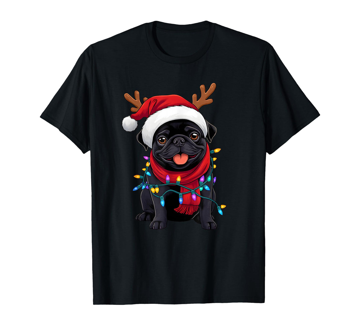 Black Pug Dog Tree Christmas Lights Xmas Pajama Men Women T-Shirt