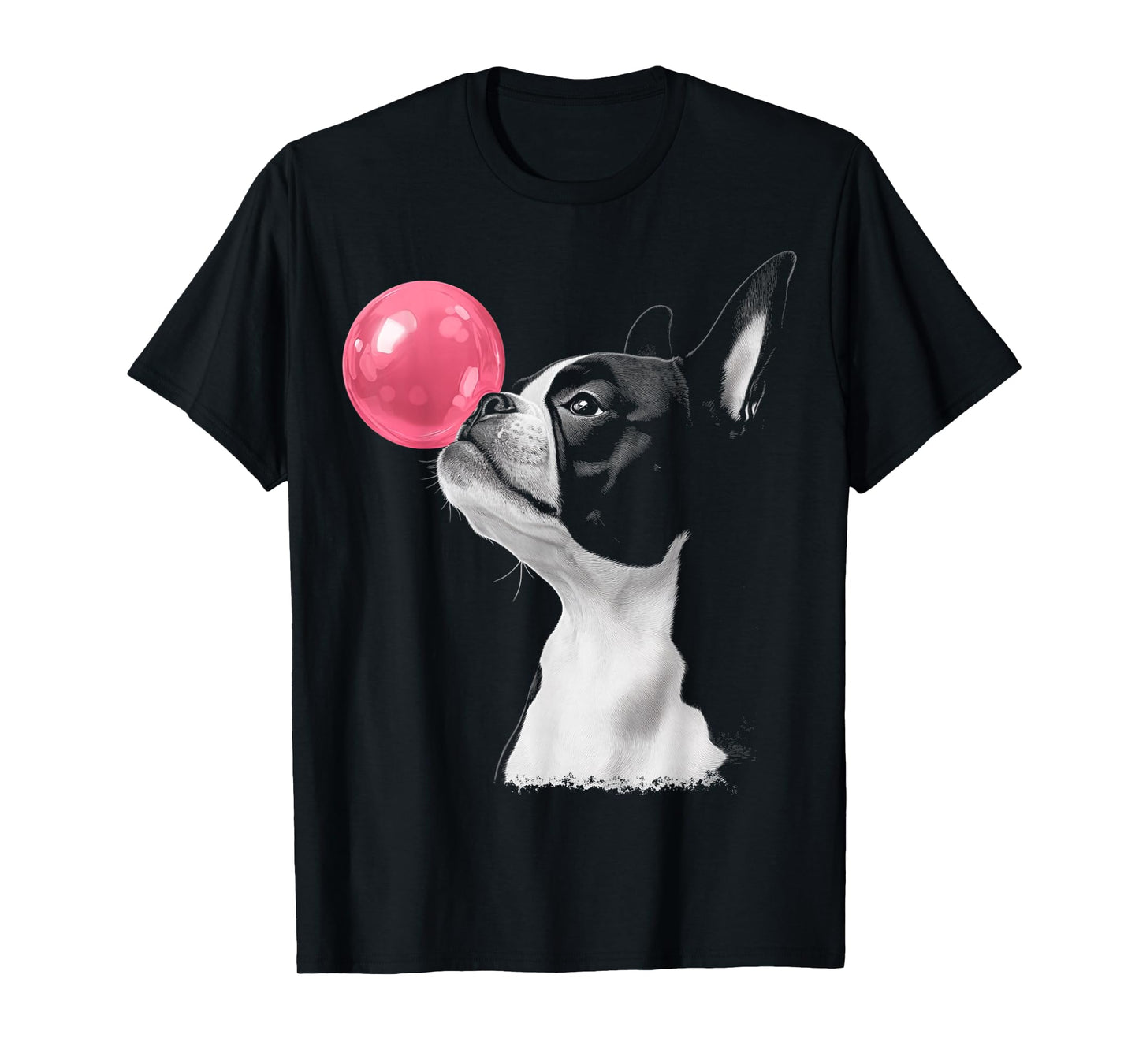 Boston Terrier Dog Blowing Chewing Bubble Gum Pink T-Shirt