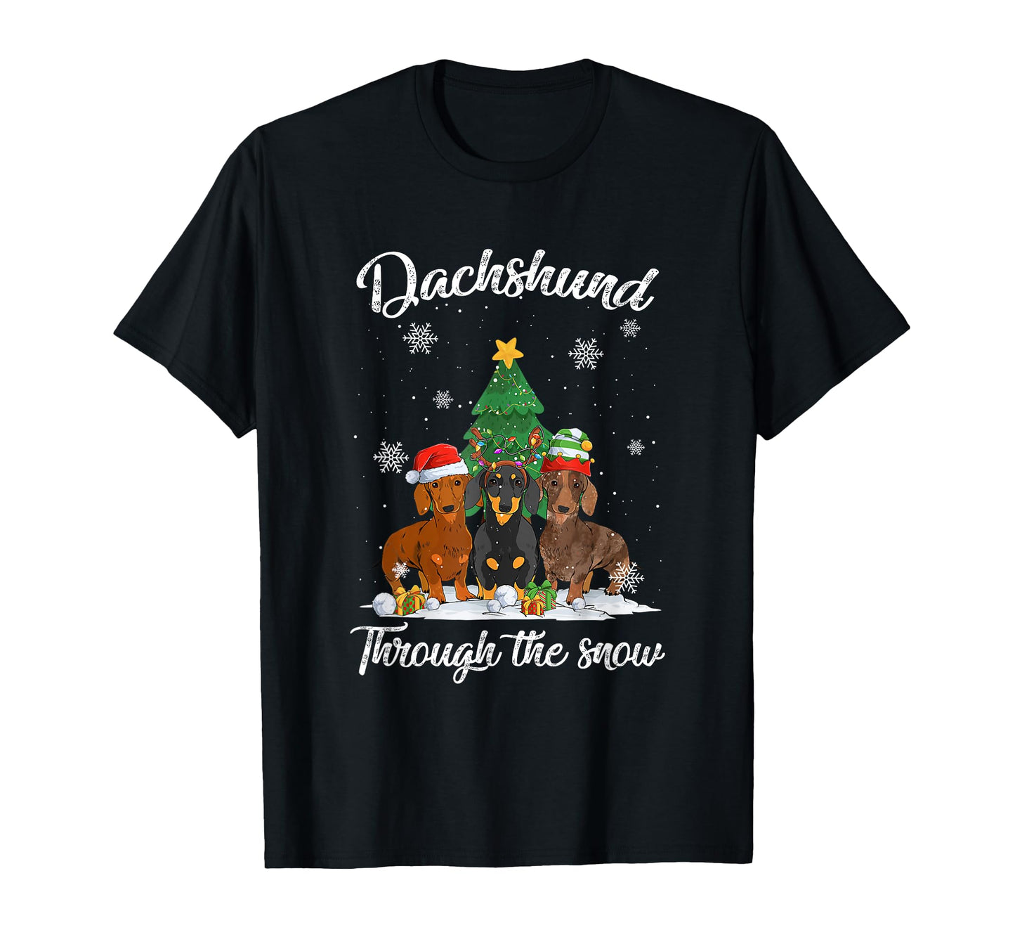 Merry Christmas Dachshund Dog Through The Snow Men Women Kids T-Shirt