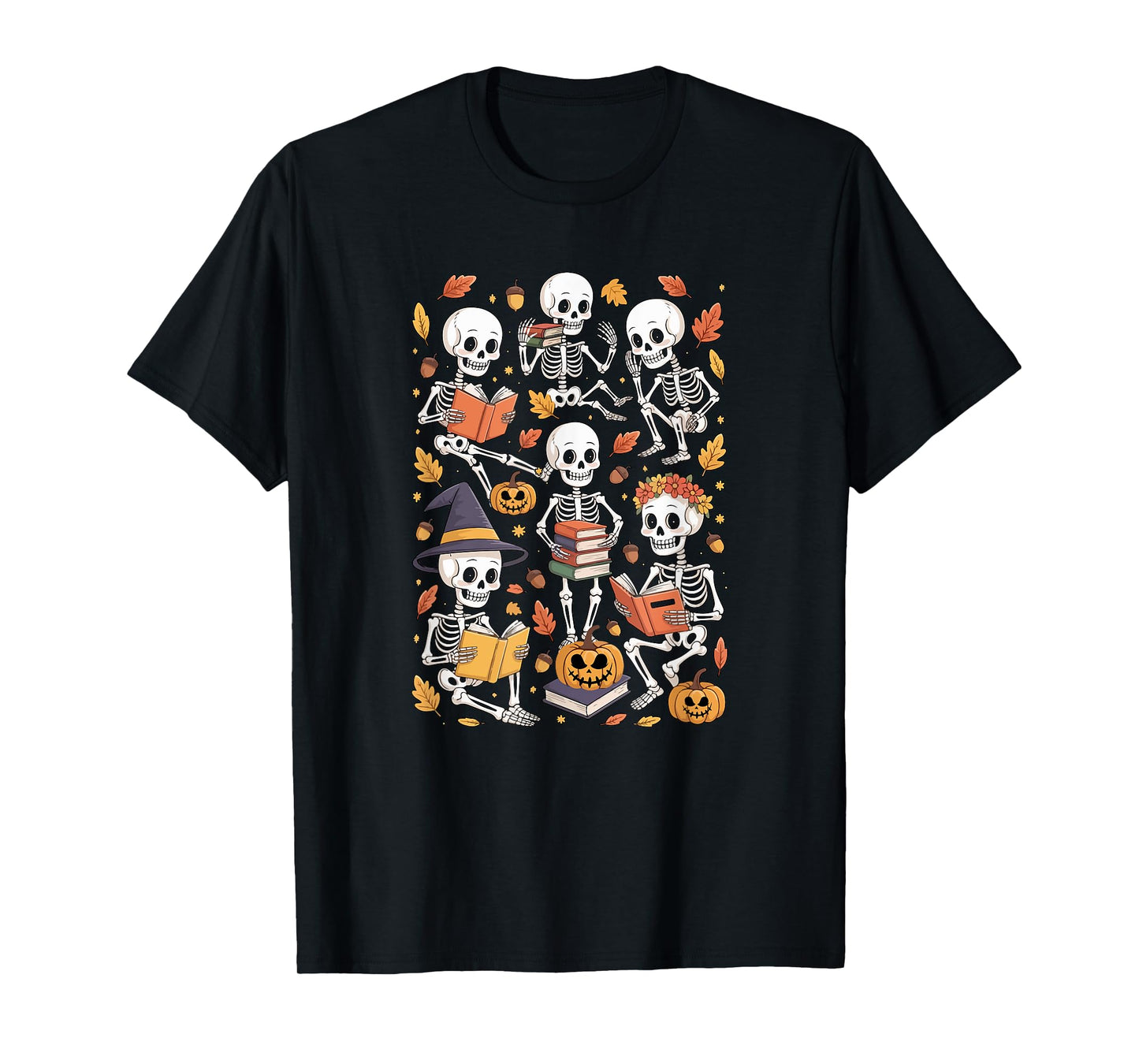 Group Skeletons Reading Books Halloween Collection Bookworm T-Shirt
