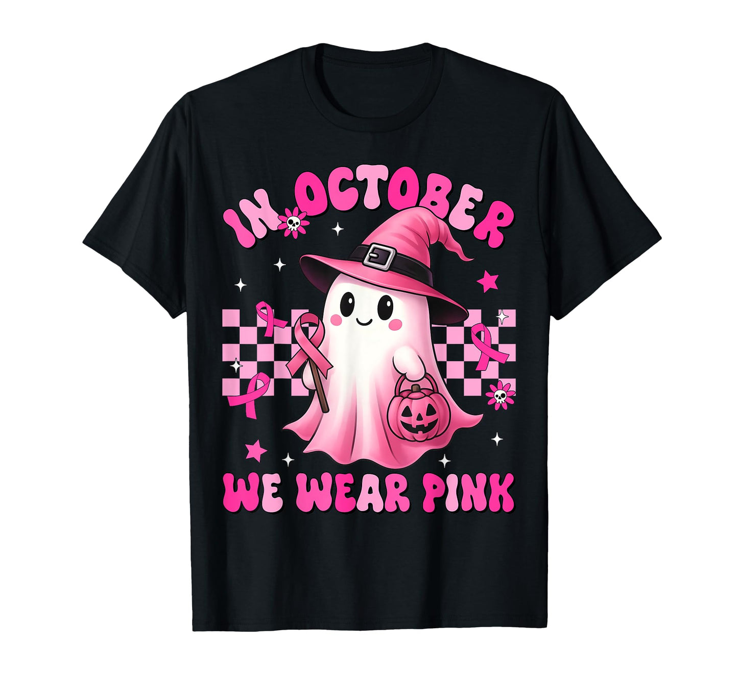 In October We Wear Pink Ghost Witch Breast Cancer Awareness T-Shirt