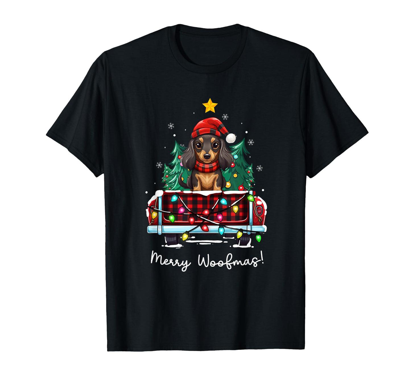 Long Haired Dachshund Christmas Dog Truck Plaid Funny Xmas Men Women Kids T-Shirt