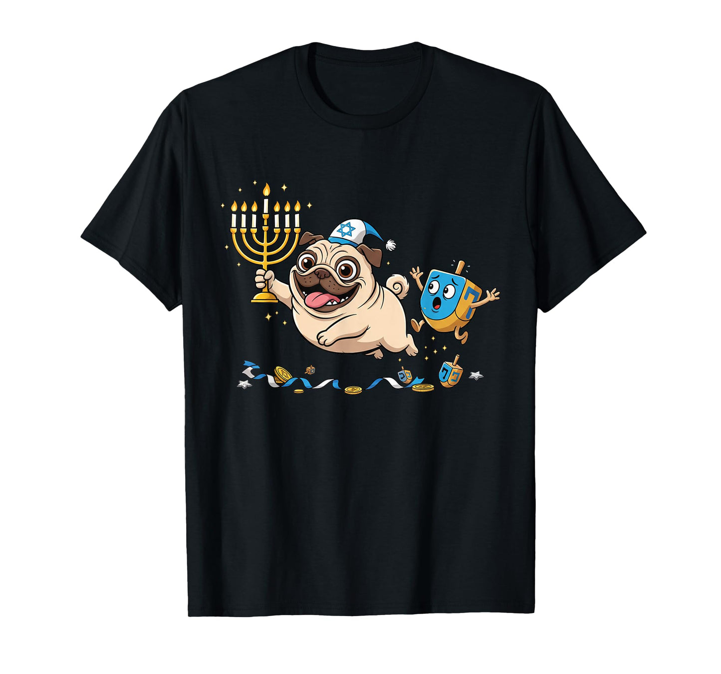Funny Pug Dreidel Menorah Hanukkah Kids Womens Mens T-Shirt