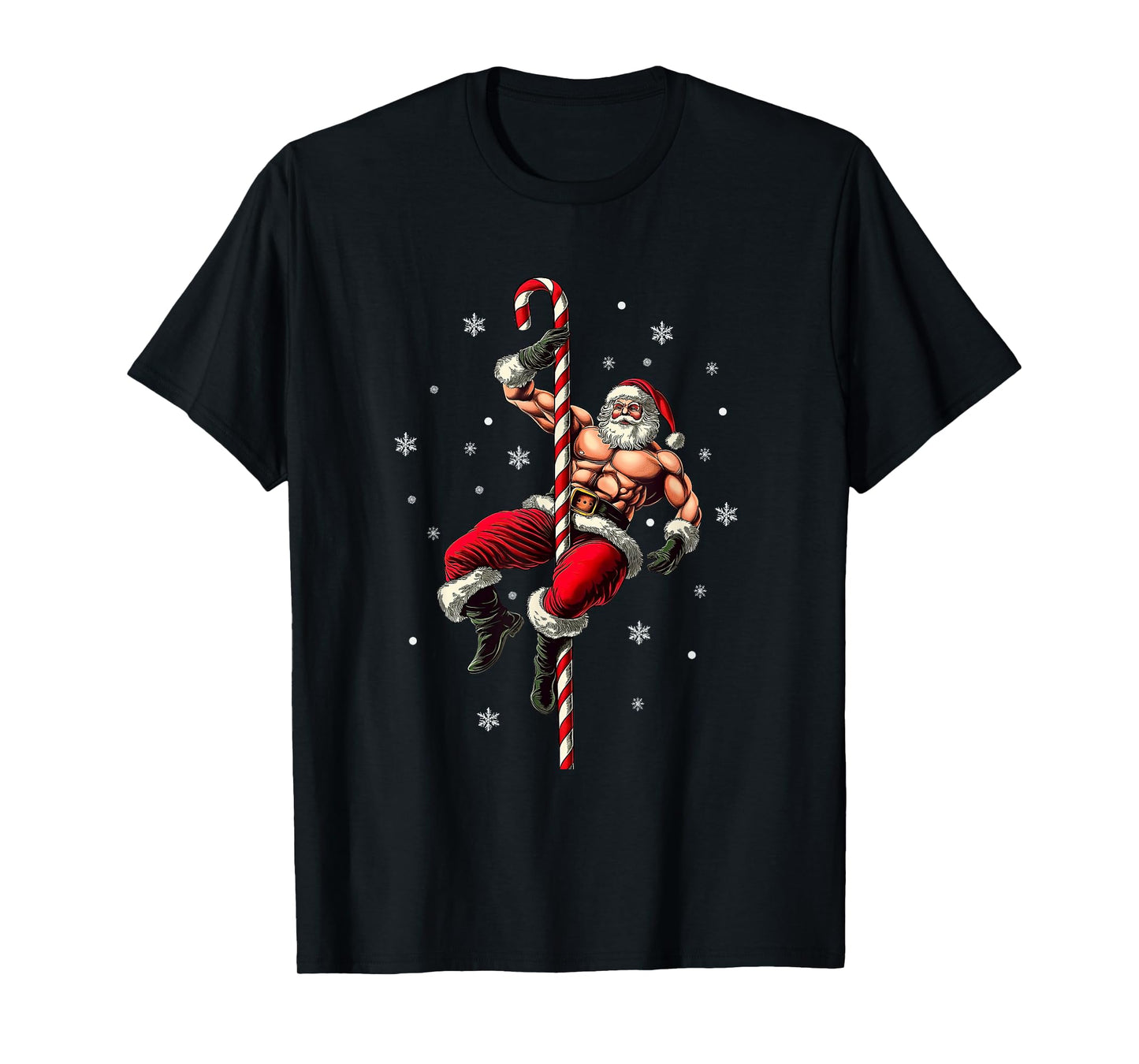Full Muscle Santa Claus with Candy Cane Stripper Pole T-Shirt