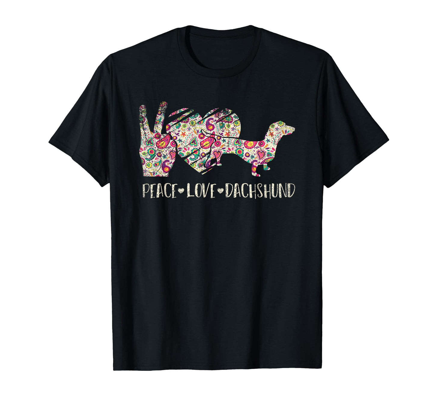 Hippie Dog Lover Gift Wiener Animal Peace Love Dachshund Men Women Kids T-Shirt