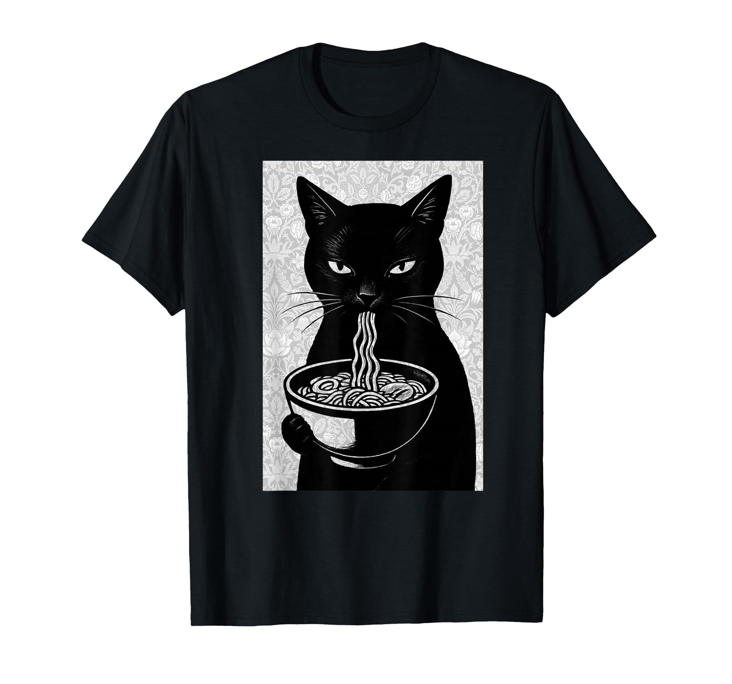 Ramen Cat Black and White Japanese Noir Illustration T-Shirt
