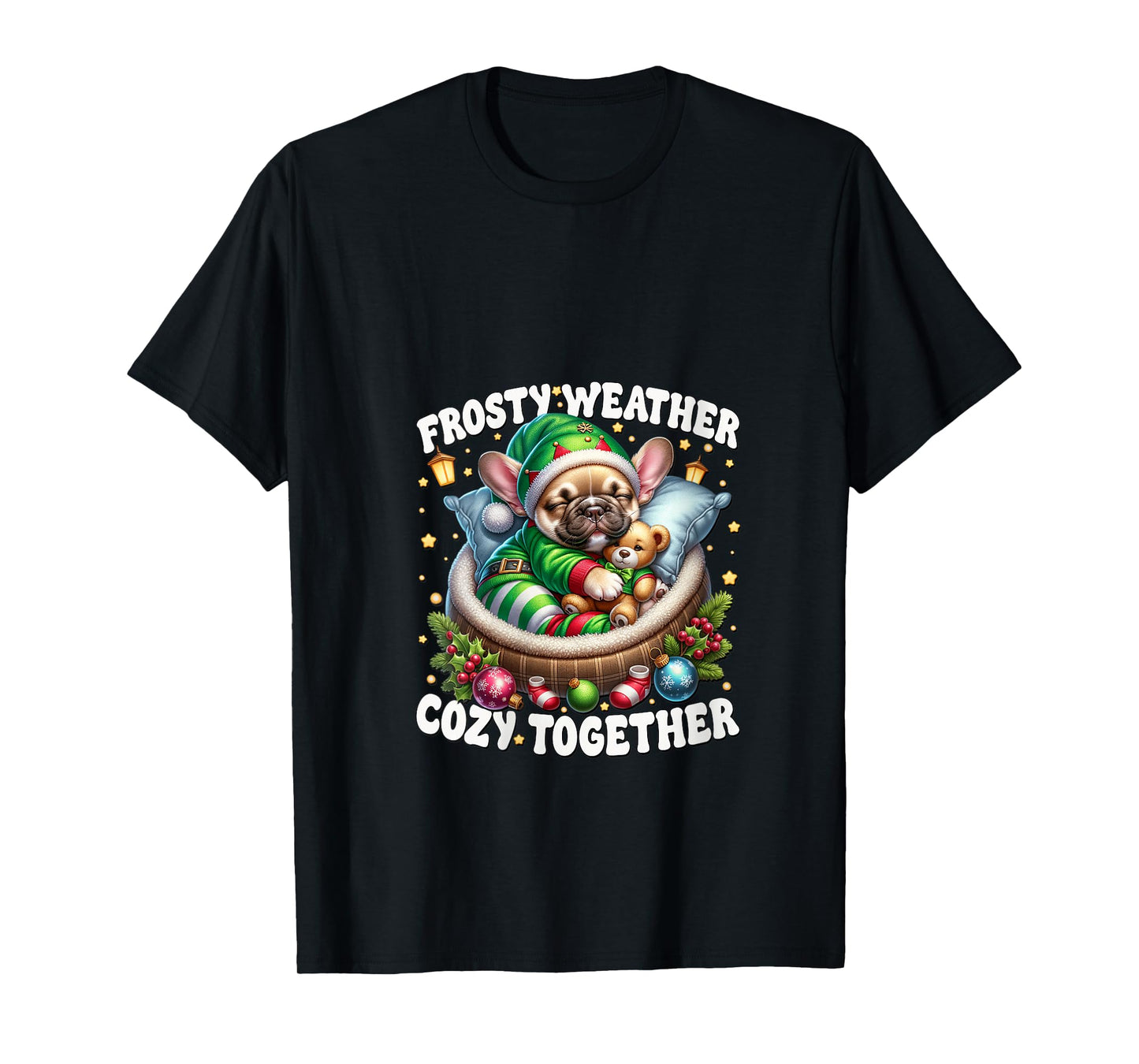 Womens Christmas Frenchie Cute Winter Sayings for Sweater Weather V-Neck T-Shirt