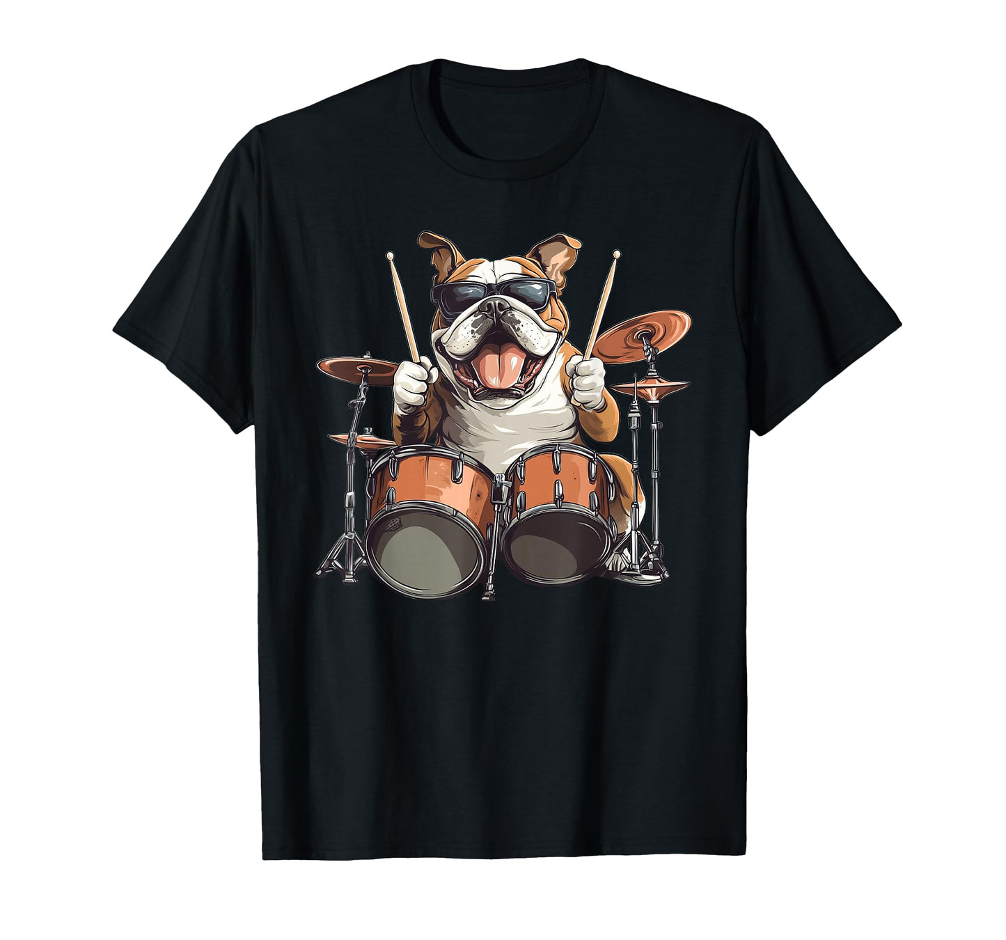 Cute English Bulldog Dog Playing Drums Drummer Music T-Shirt
