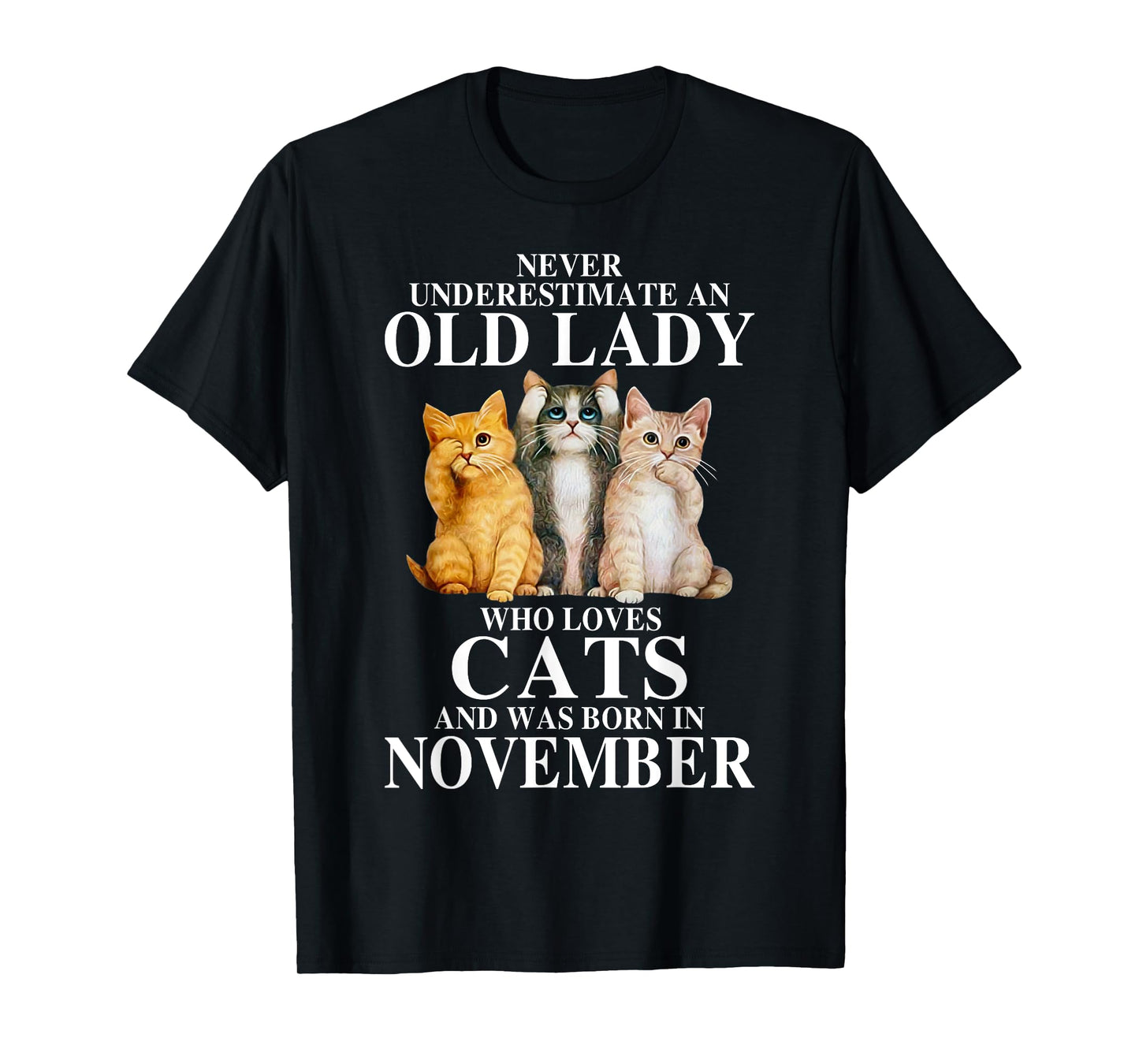 Never underestimate an old lady who loves cats born NOVEMBER T-Shirt