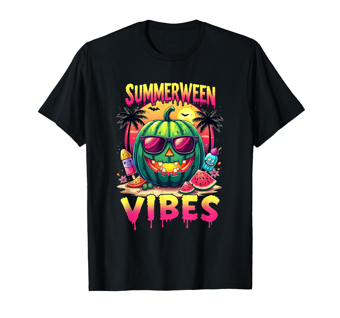 Skeleton Summer Summerween Vibes Watermelon Jack-O-Lantern T-Shirt