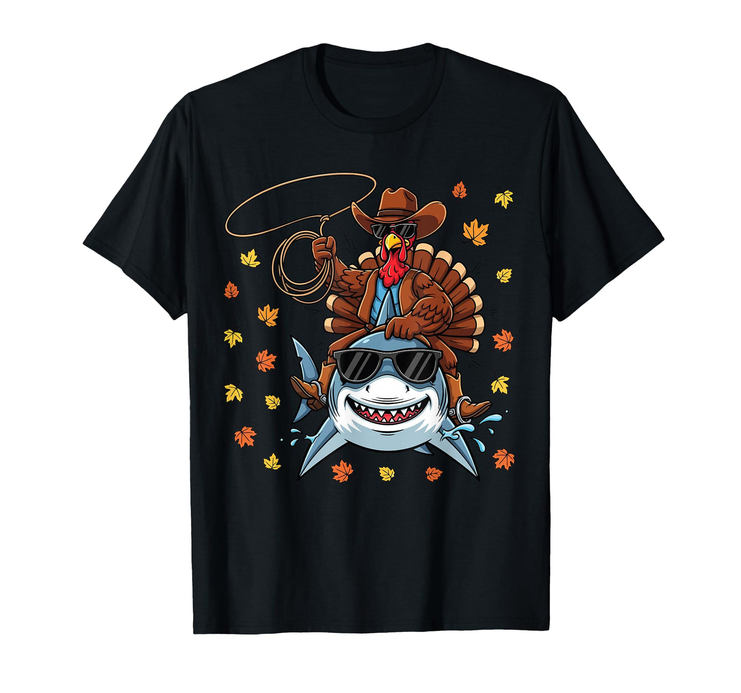 Funny Thanksgiving Cowboy Costume Turkey Riding Shark Kids T-Shirt