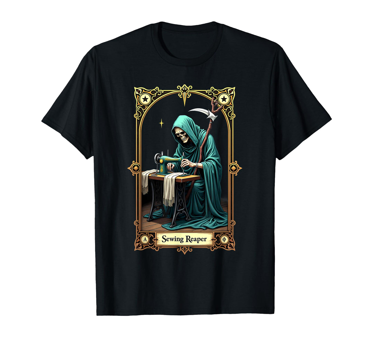 Tarot Card Skeleton Sewing Machine Reaper T-Shirt