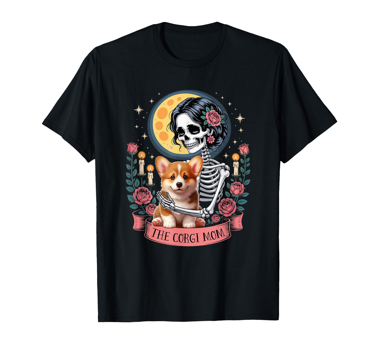 The Corgi Mom Halloween Dog Onwer Skeleton Women Flowers T-Shirt