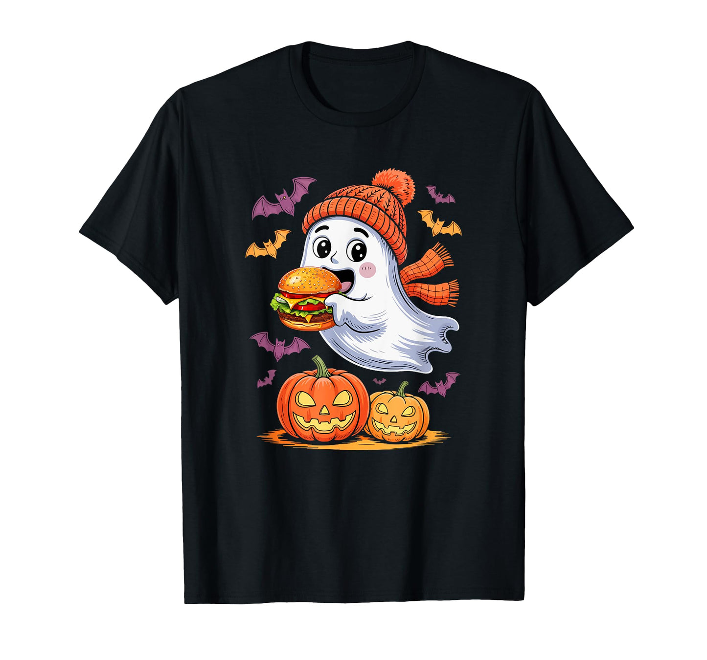 Cute Boo Ghost Eating Hamburger Halloween Food Lover Kids T-Shirt