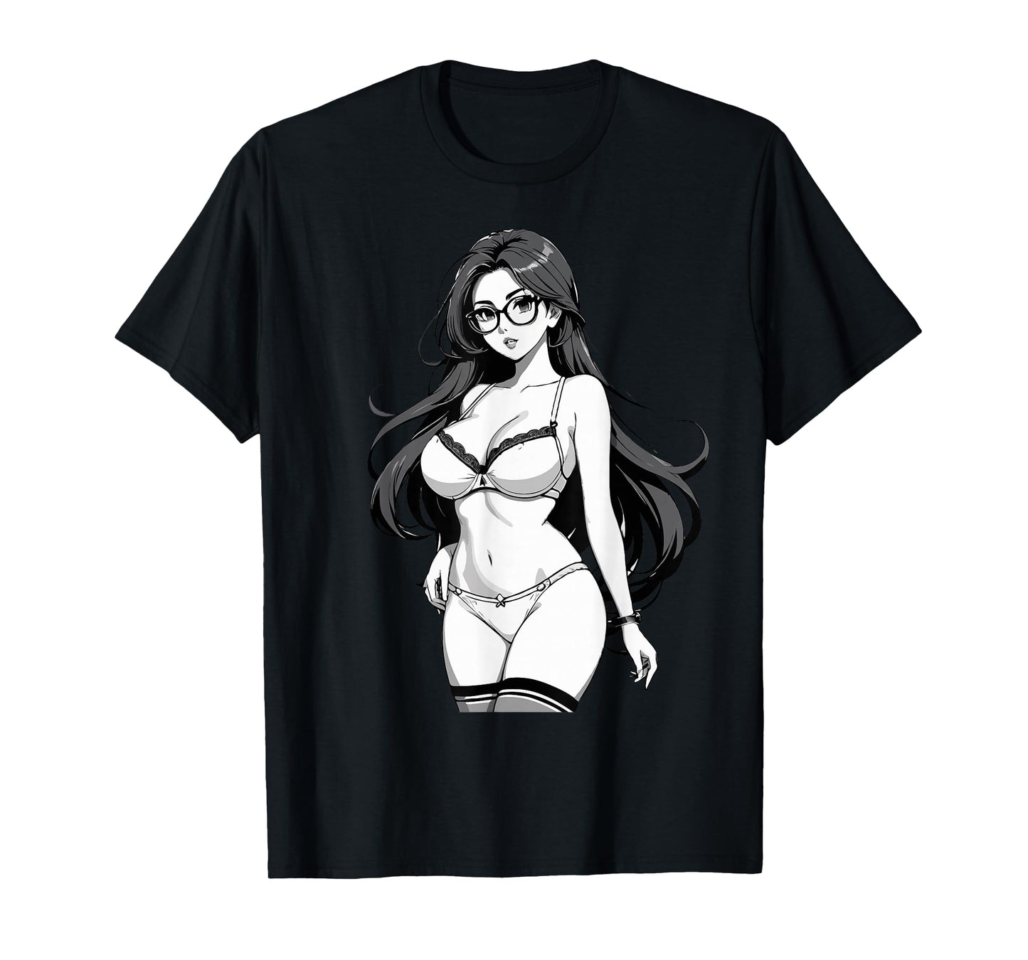 Sexy Waifu Otaku Anime Girl Japanese in Black and White Art T-Shirt