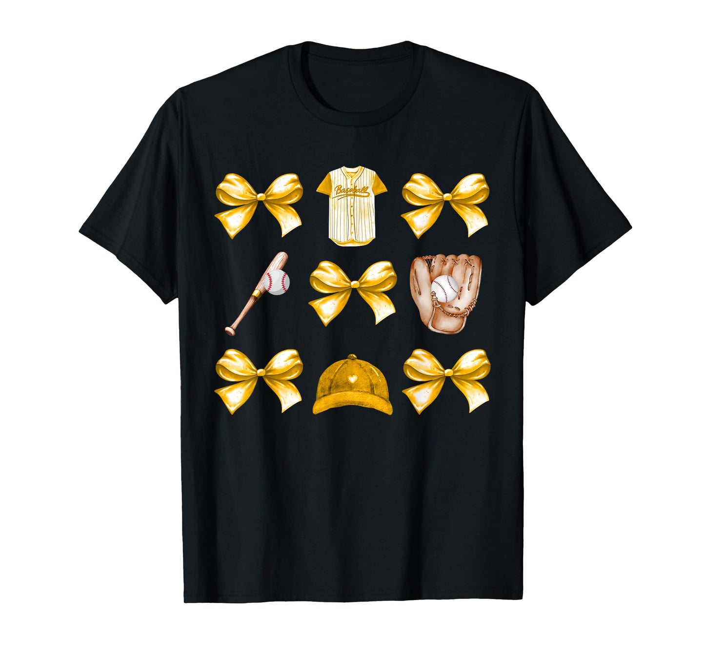 Baseball Game Day Yellow Coquette Bow Baseball Mom Retro T-Shirt