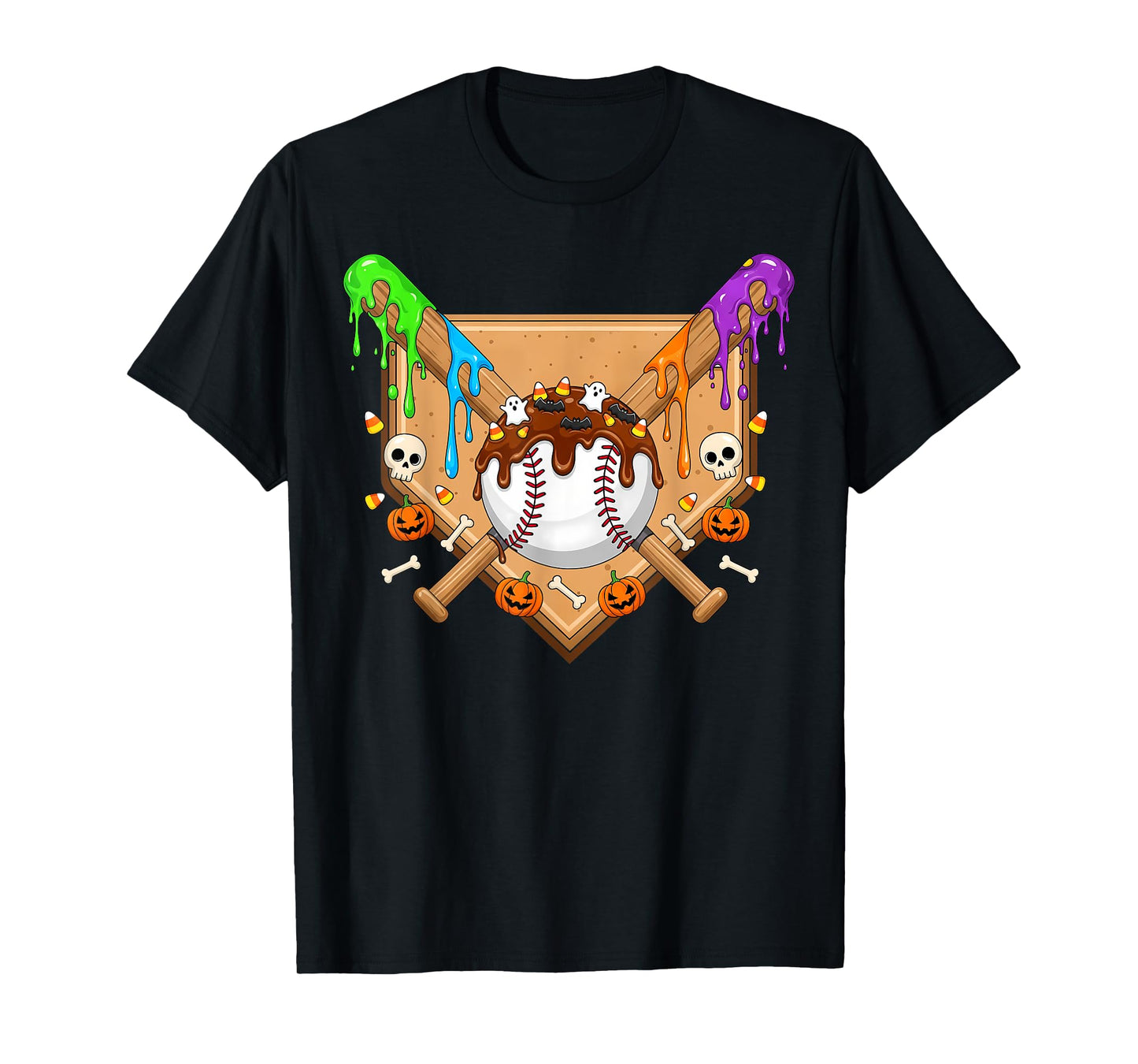 Spooky Baseball Ice Cream Drip Home Plate Dripping Halloween T-Shirt