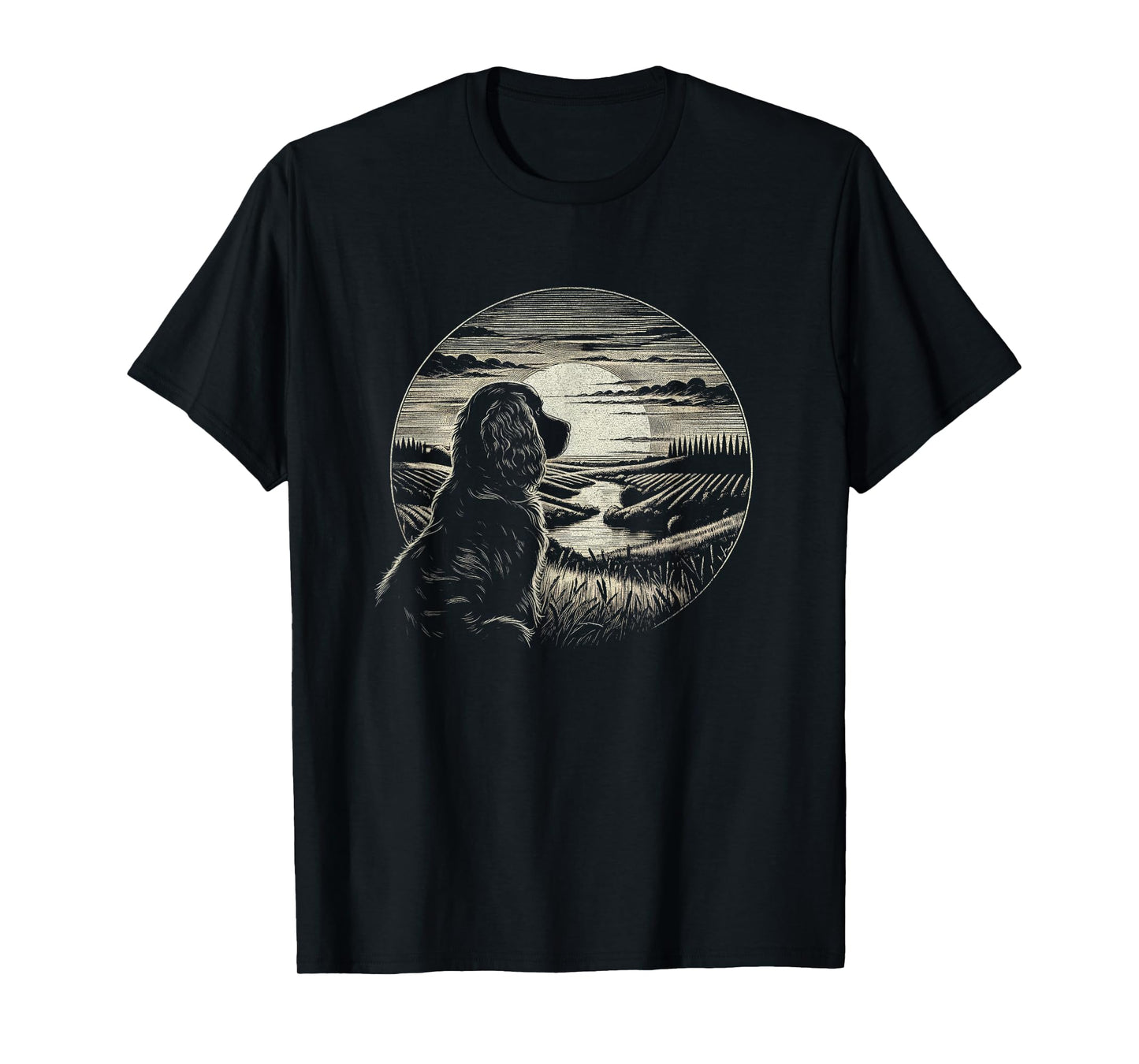 Vintage Boykin Spaniel Dog Retro Sunset Scene Art Design T-Shirt